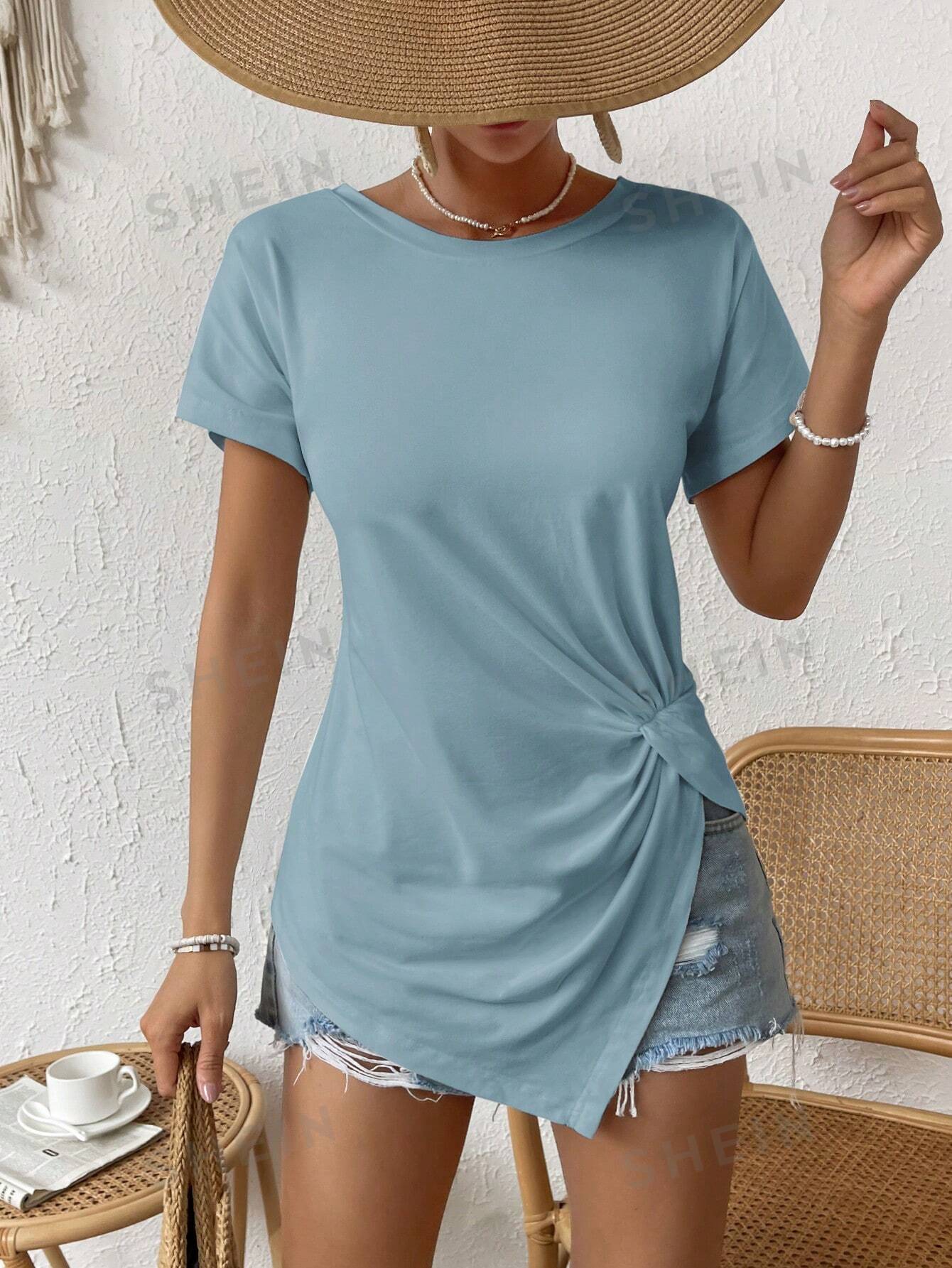 SHEIN LUNE женская летняя удобная футболка с короткими рукавами и круглым вырезом, пыльный синий