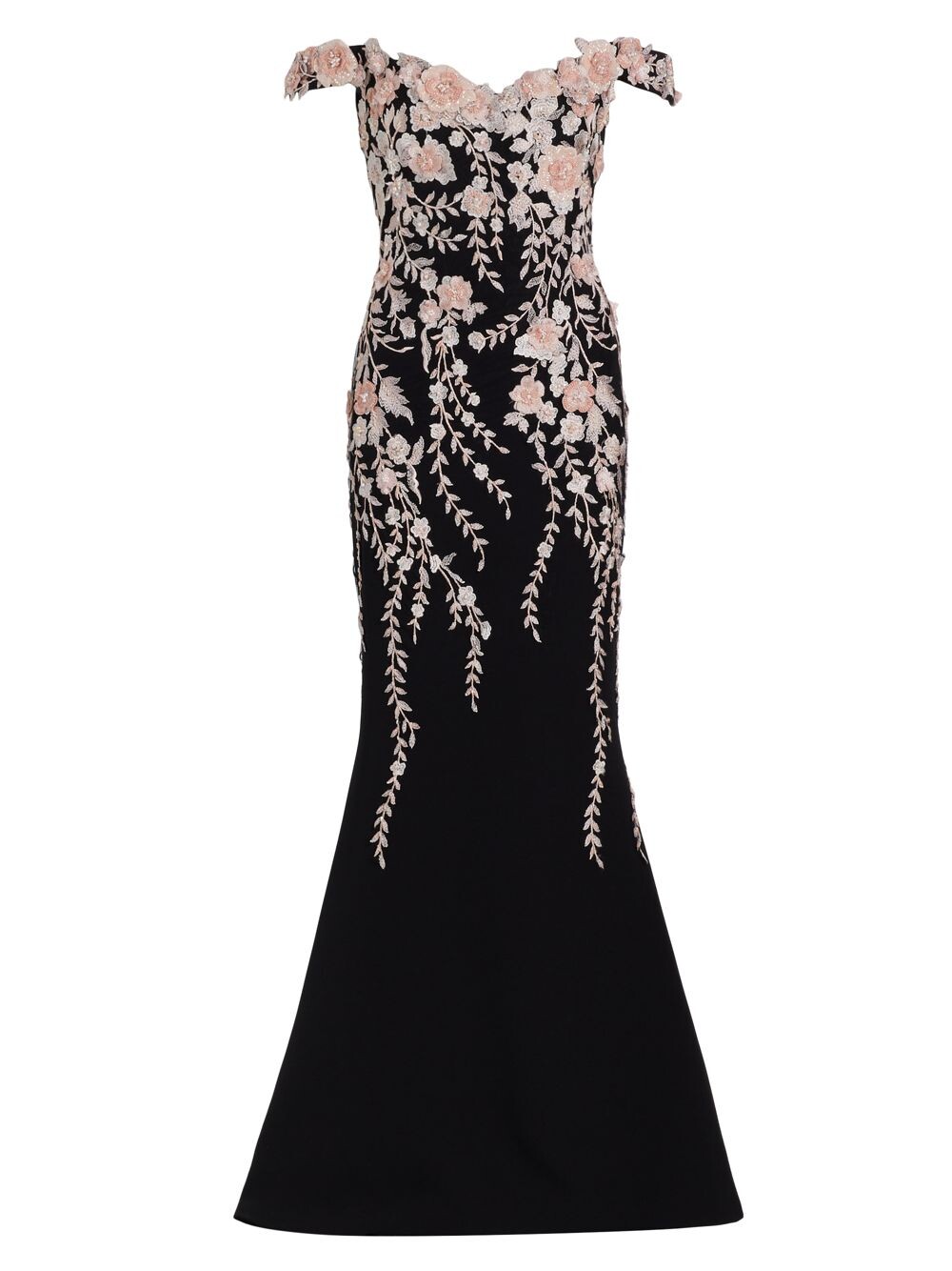

Вышитое цветочное платье с открытыми плечами Marchesa, черный