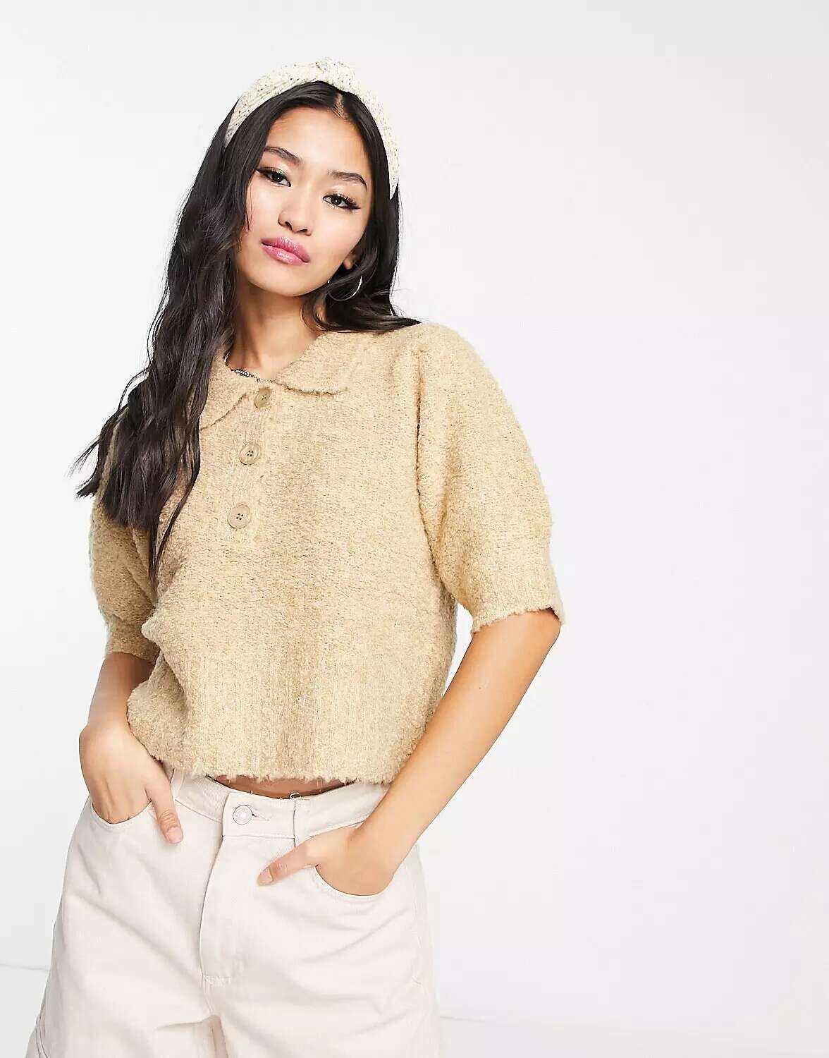 

Вязаный топ на пуговицах светло-коричневого цвета Vero Moda