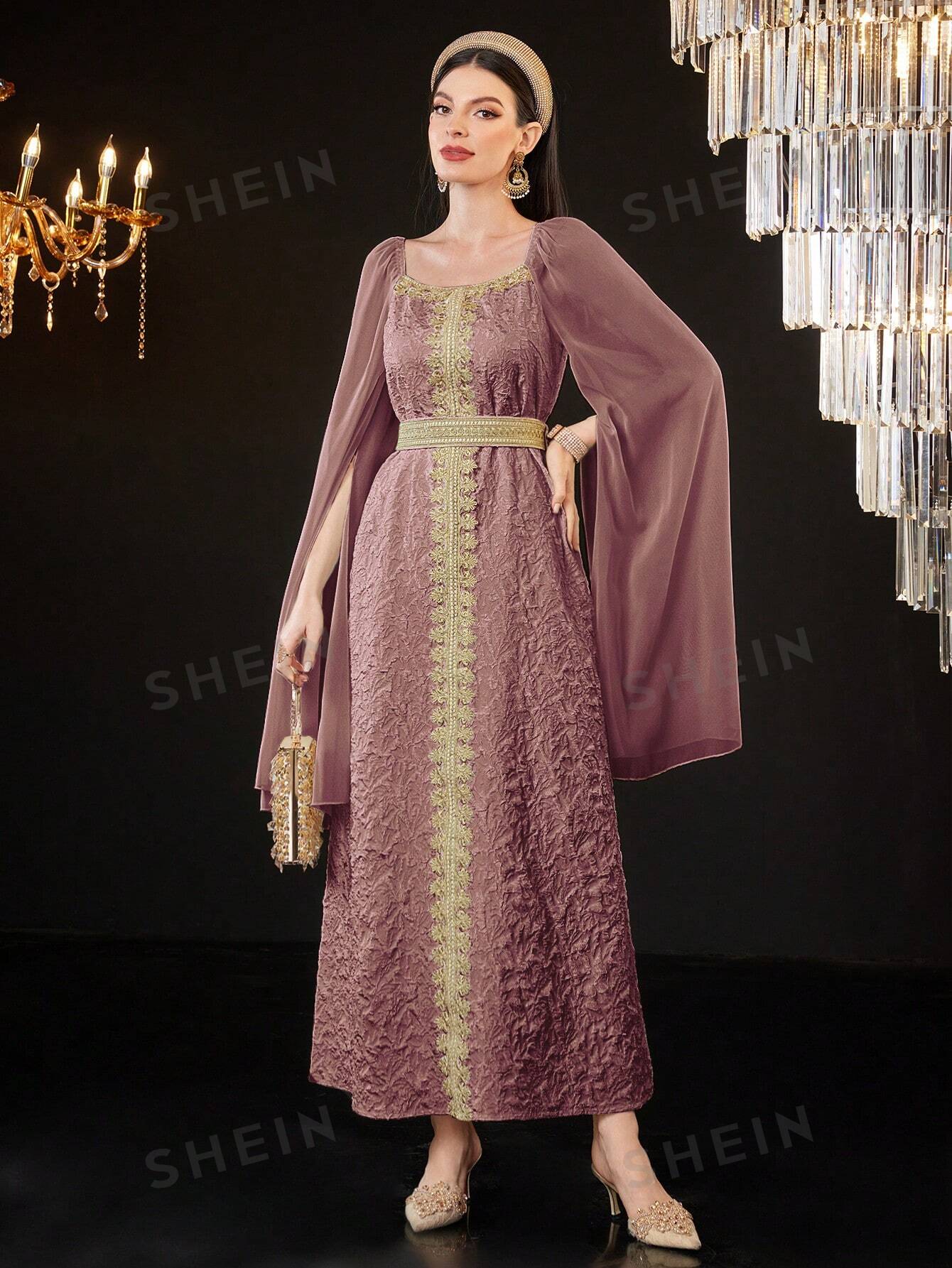 SHEIN Najma Женское платье в стиле пэчворк с фактурной лентой и рукавами-накидкой, розовый