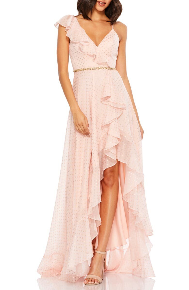 

Шифоновое платье в горошек с оборками MAC DUGGAL