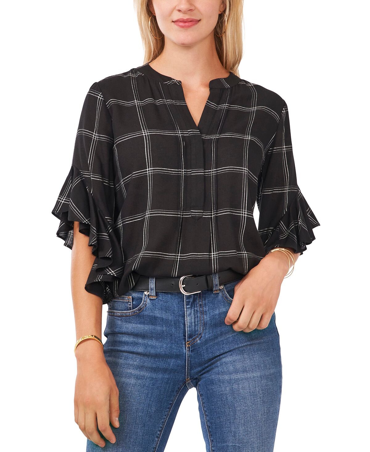 

Клетчатая блузка Henley с развевающимися рукавами Vince Camuto