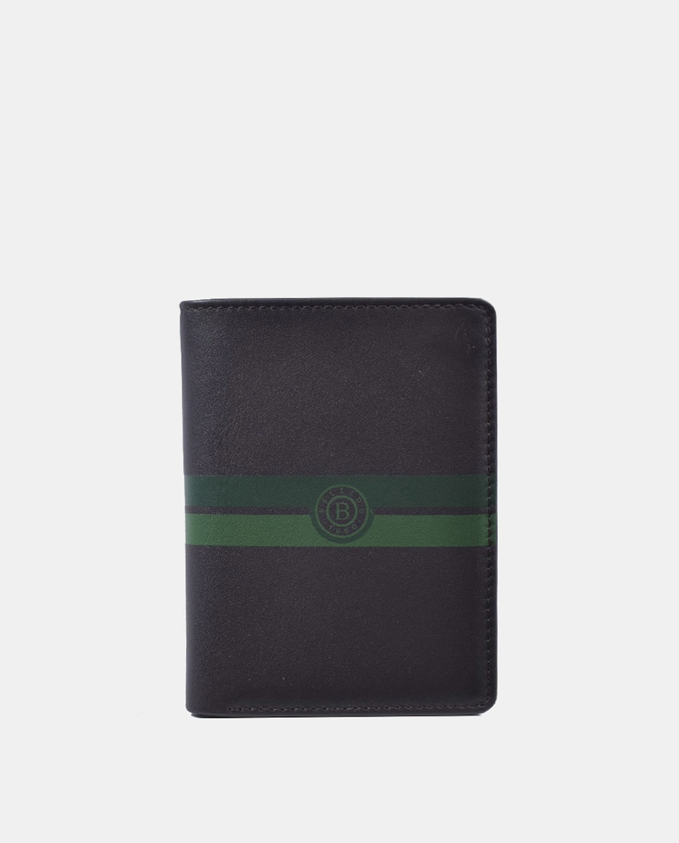 Вертикальный кожаный кошелек с визитницей коричневого цвета с зелеными полосками Bellido, коричневый