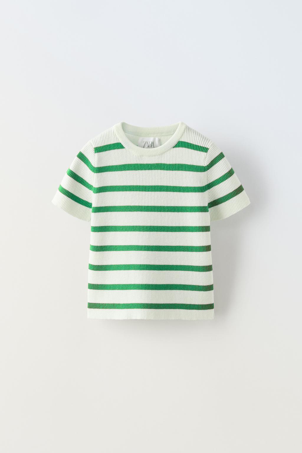 цена Трикотажная футболка в полоску ZARA, экрю/зеленый