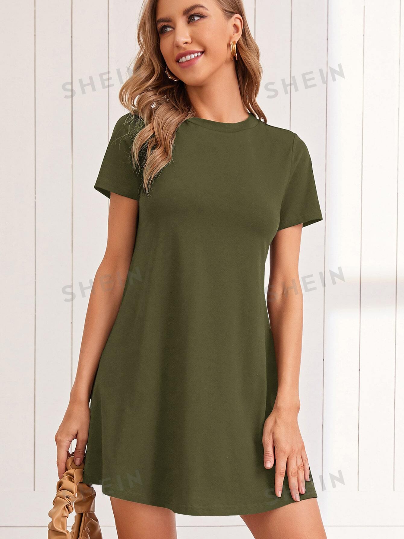 SHEIN LUNE Трикотажное однотонное повседневное платье с круглым вырезом и короткими рукавами, армейский зеленый платье trends brands однотонное 46 48 размер
