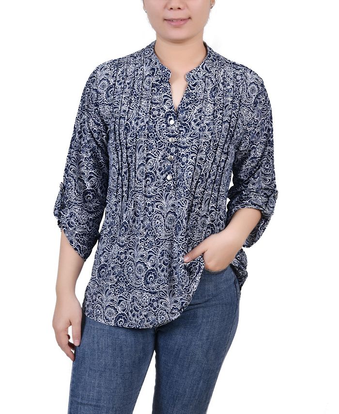 

Миниатюрный топ с защипами и принтом на рукавах 3/4 NY Collection, цвет Navy Paisley