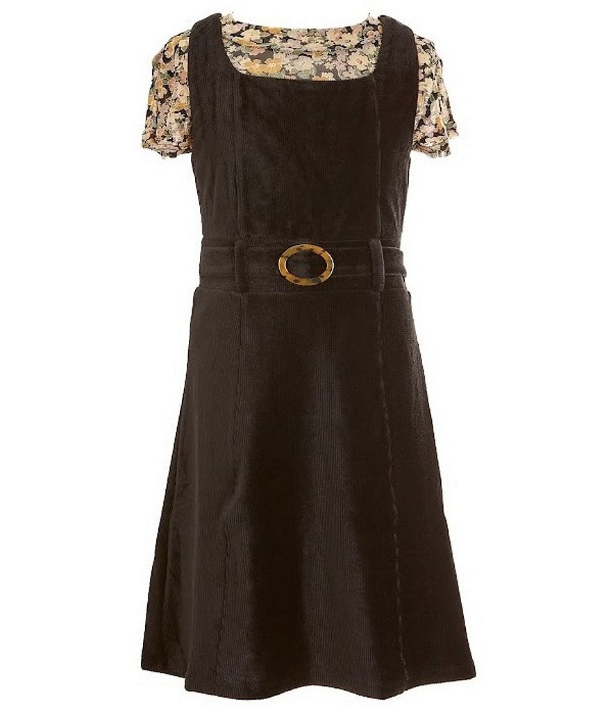 Вельветовое платье-джемпер без рукавов Ally B для больших девочек 7–16 лет и сетчатая футболка с короткими рукавами с цветочным принтом, черный