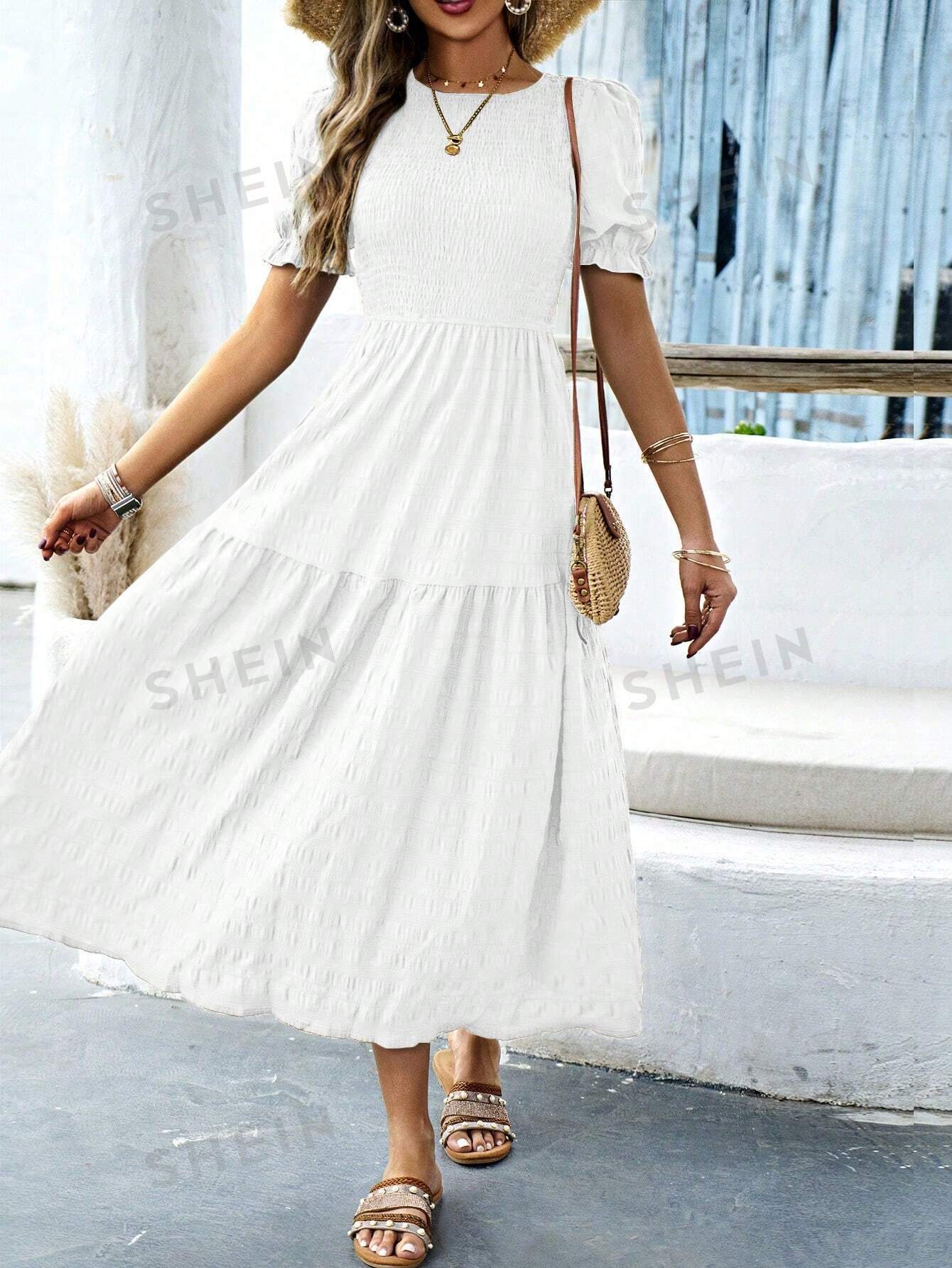 SHEIN VCAY женское свободное платье с круглым вырезом и короткими рукавами-фонариками, белый летнее новое женское платье eoenkky свободная хлопковая рубашка большого размера с рукавами фонариками и круглым вырезом оптовая продажа