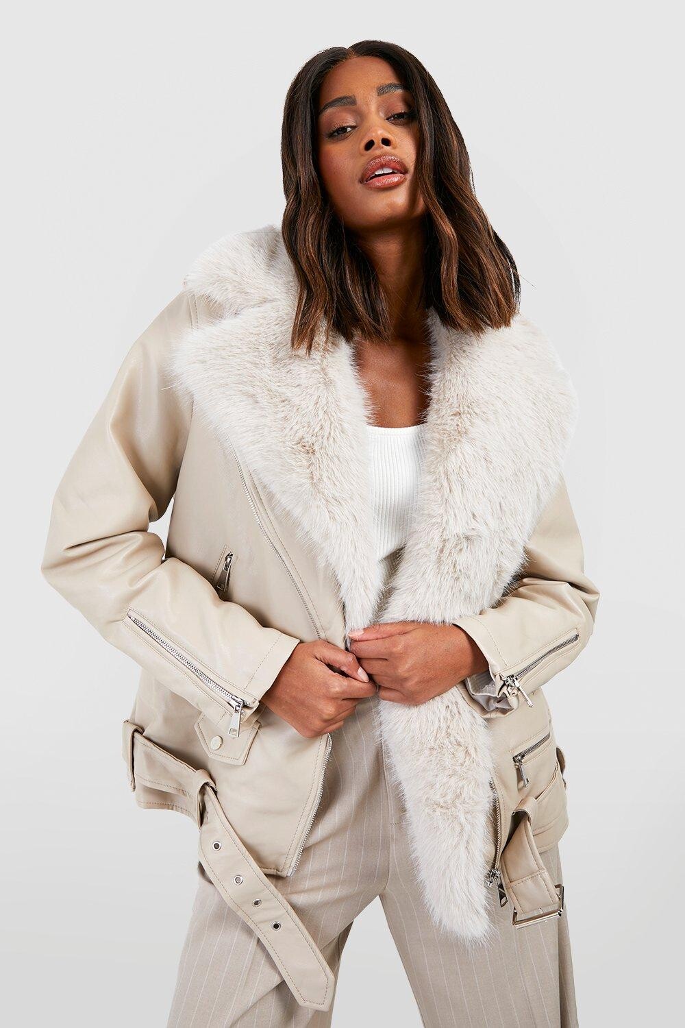 

Байкерская куртка с отделкой из искусственного меха boohoo, белый