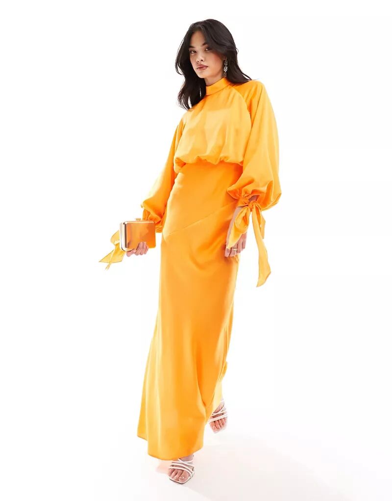 Оранжевое атласное платье макси с высоким воротником и объемными рукавами ASOS Design