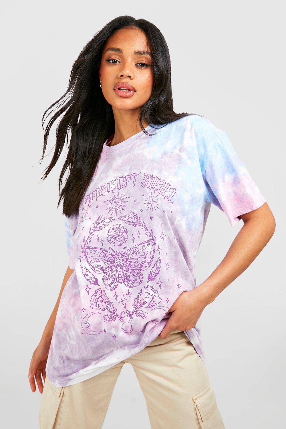 

Футболка оверсайз с принтом tie dye celestial butterfly Boohoo, сиреневый, Фиолетовый