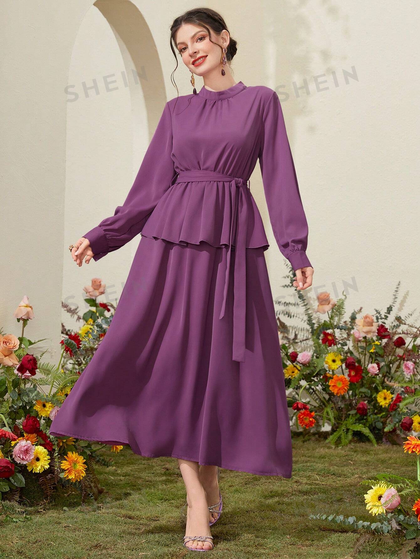цена SHEIN Mulvari женское однотонное платье с воротником-стойкой и рукавами-фонариками, фиолетовый