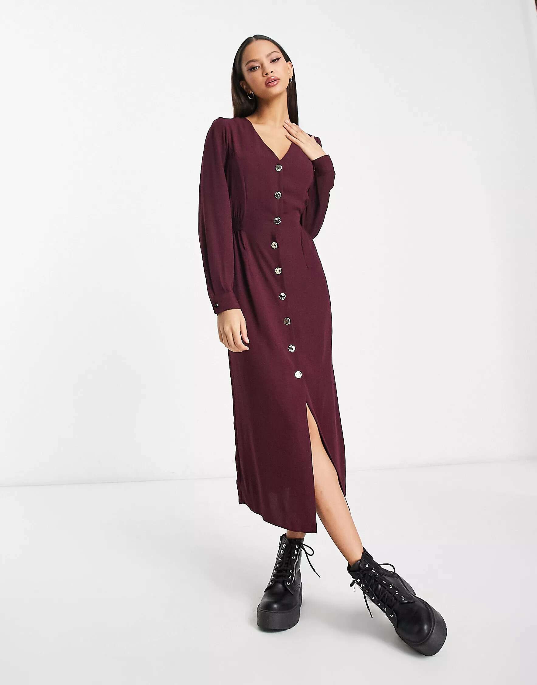 Бордовое платье миди на пуговицах New Look джемпер new look на пуговицах 42 размер
