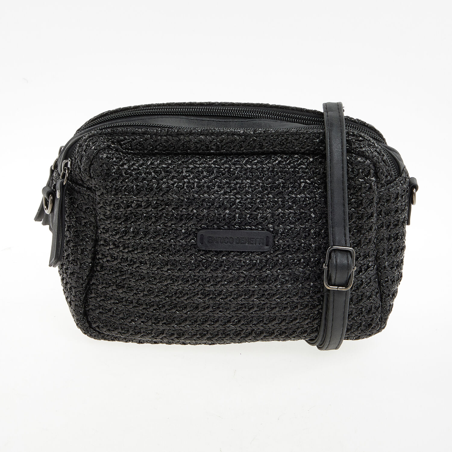 Черная сумка через плечо с плетеной отделкой Enrico Benetti