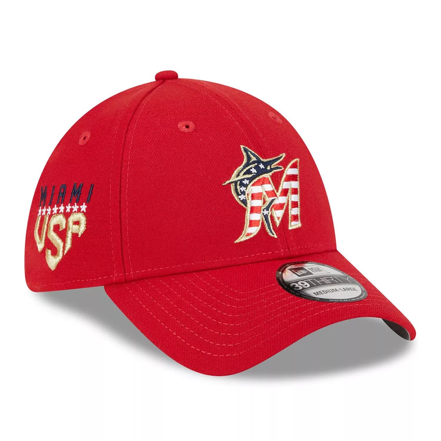 

Мужская кепка New Era Red Miami Marlins 2023 Четвертое июля 39THIRTY Flex Fit Hat