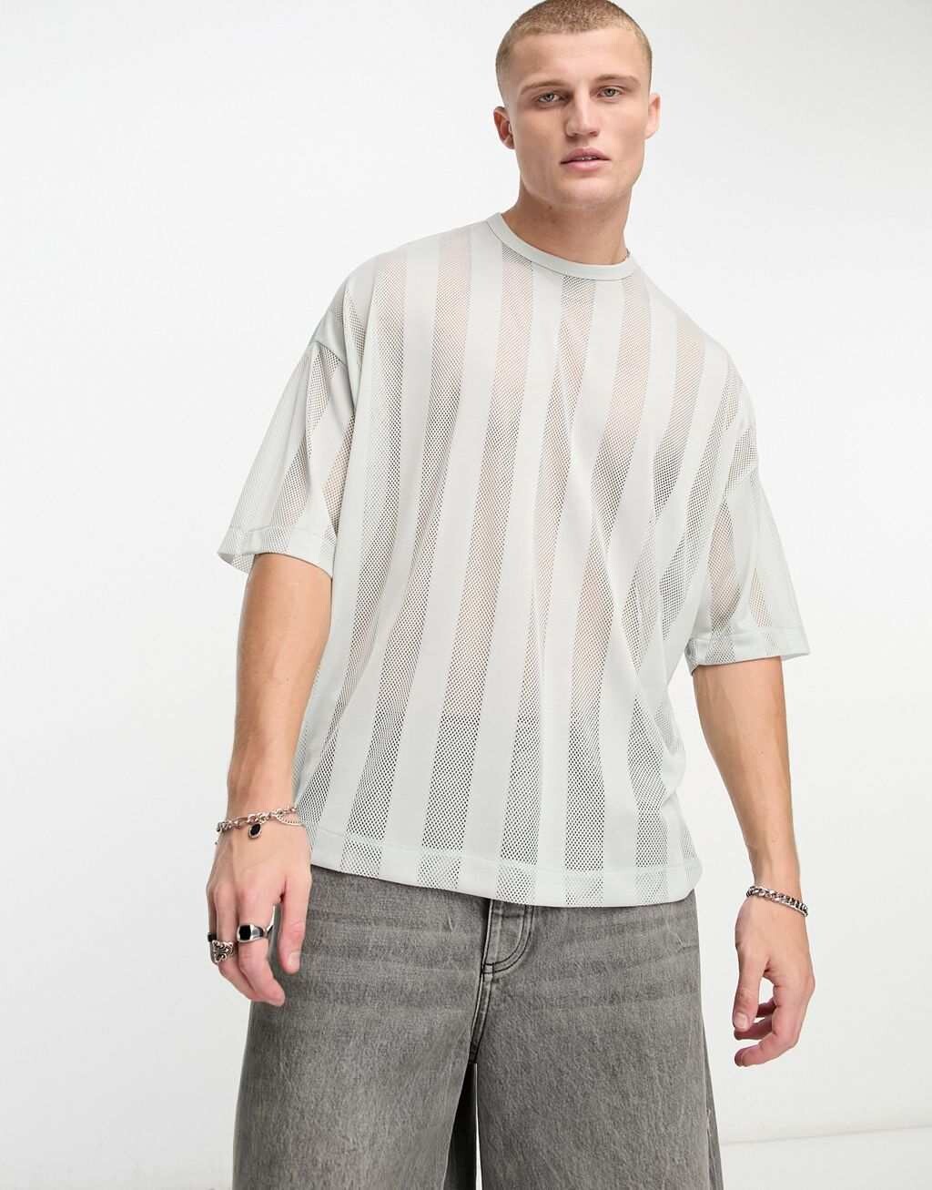 

Пастельно-зеленая футболка оверсайз из полосатой сетки ASOS DESIGN, Зеленый