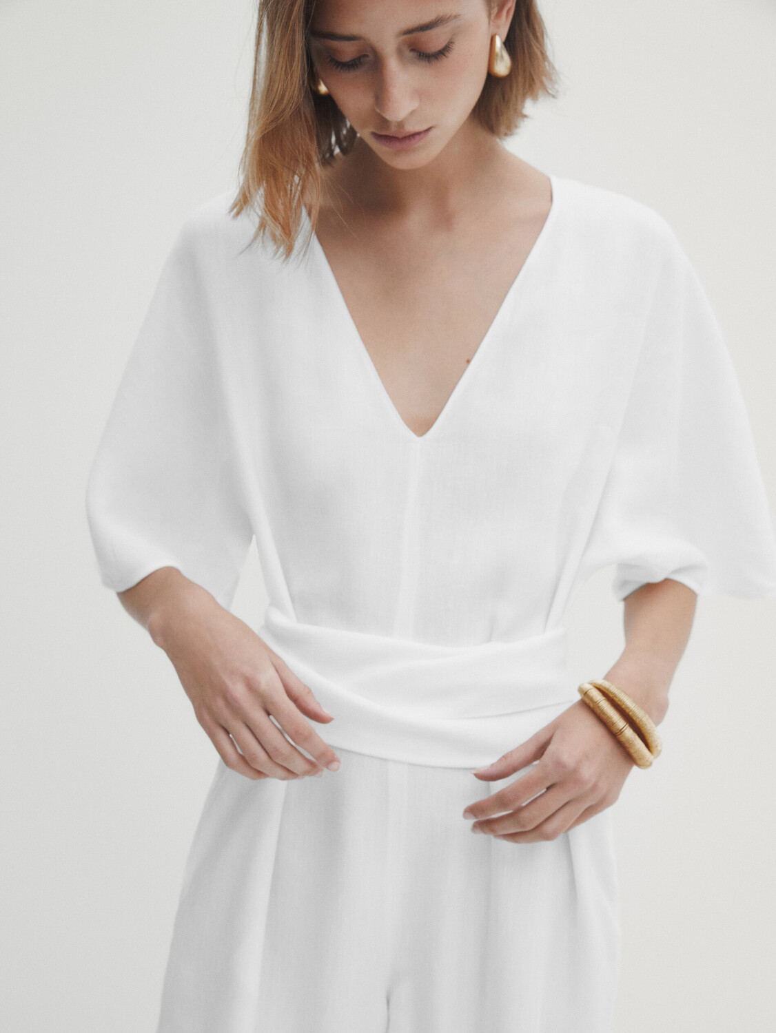 

Льняной комбинезон с завязками Massimo Dutti, белый