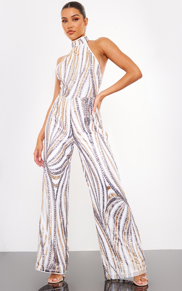 

PrettyLittleThing Золотой комбинезон с высоким воротником и пайетками