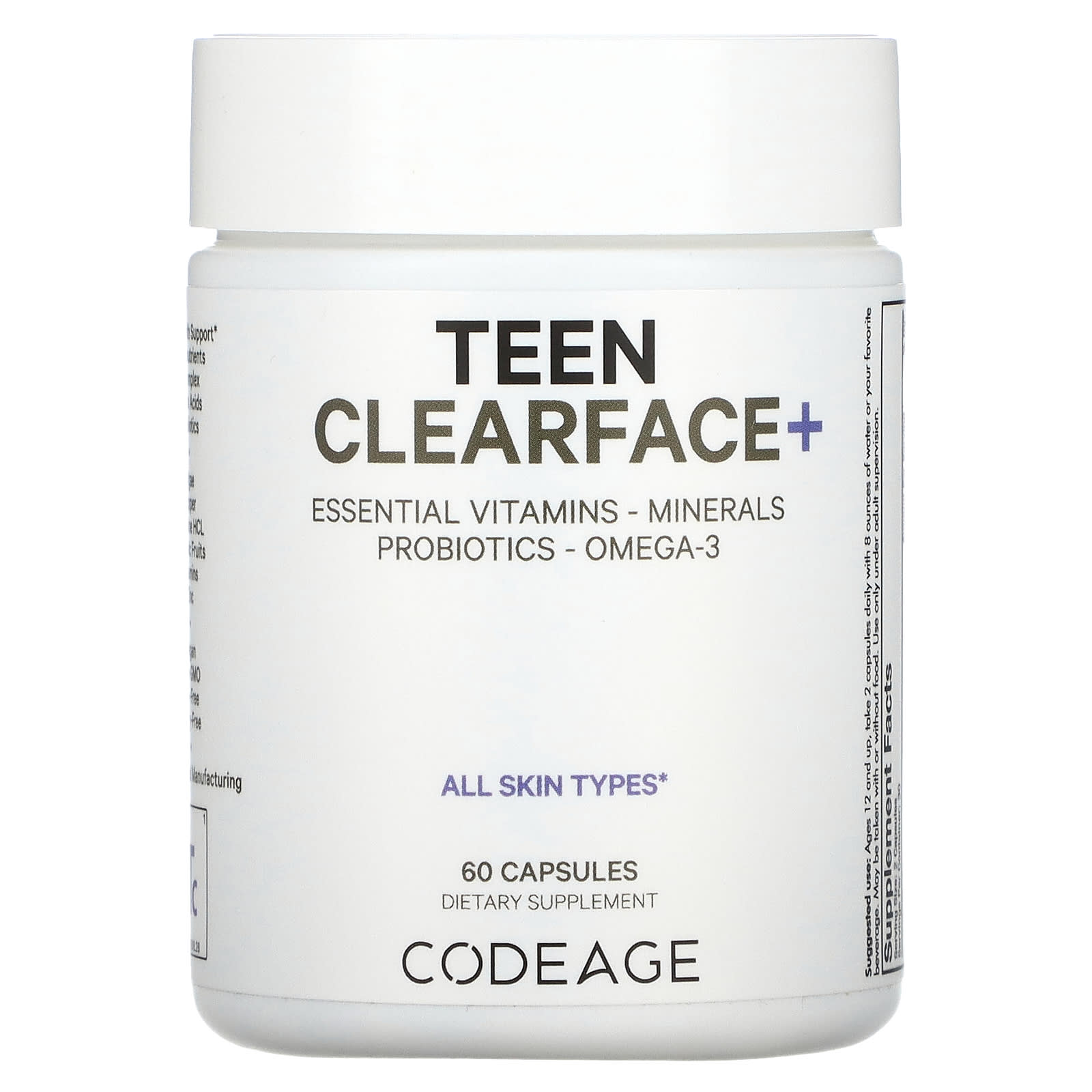 

Teen Clearface Vitamins, для всех типов кожи, 60 капсул, Codeage