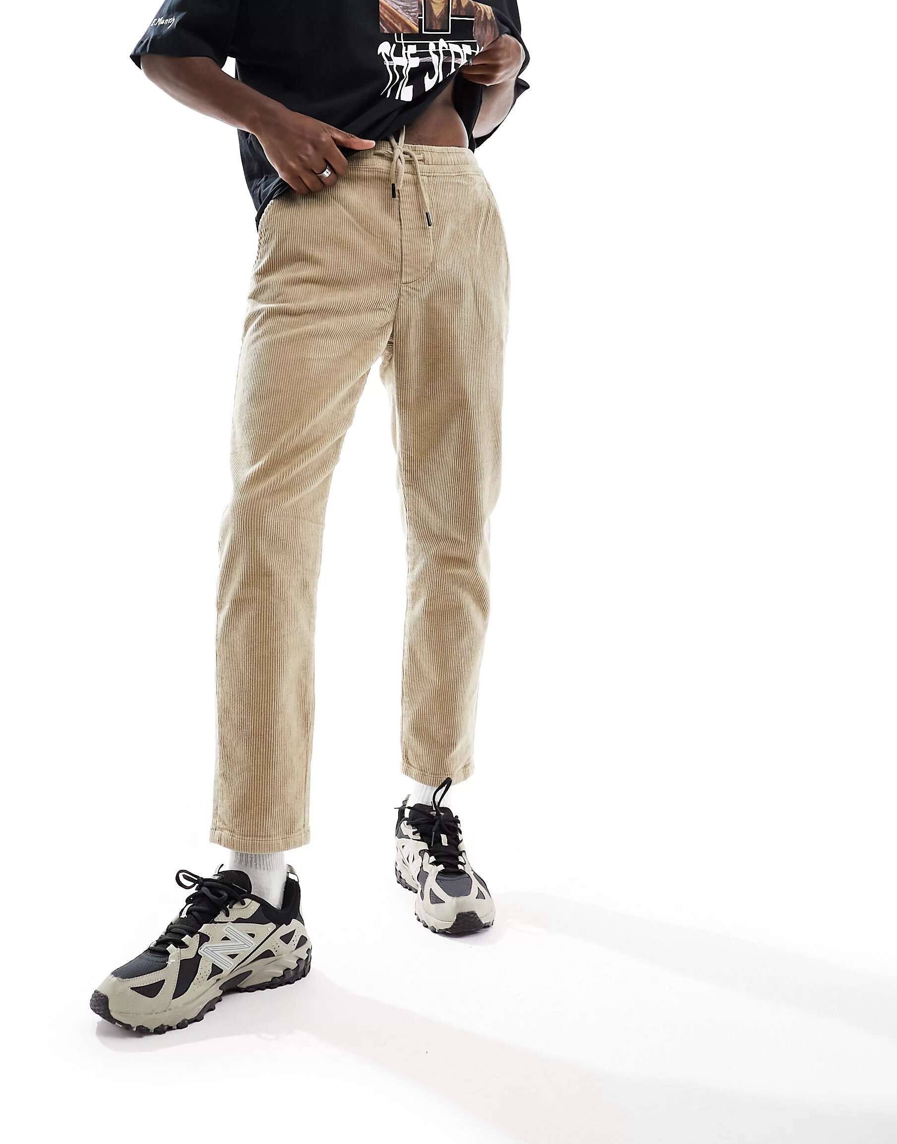 Бежевые укороченные вельветовые брюки с эластичной резинкой на талии Only & Sons