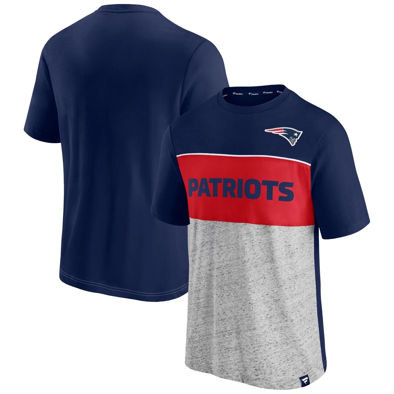 Мужская фирменная темно-синяя/серая футболка New England Patriots с цветными блоками Fanatics