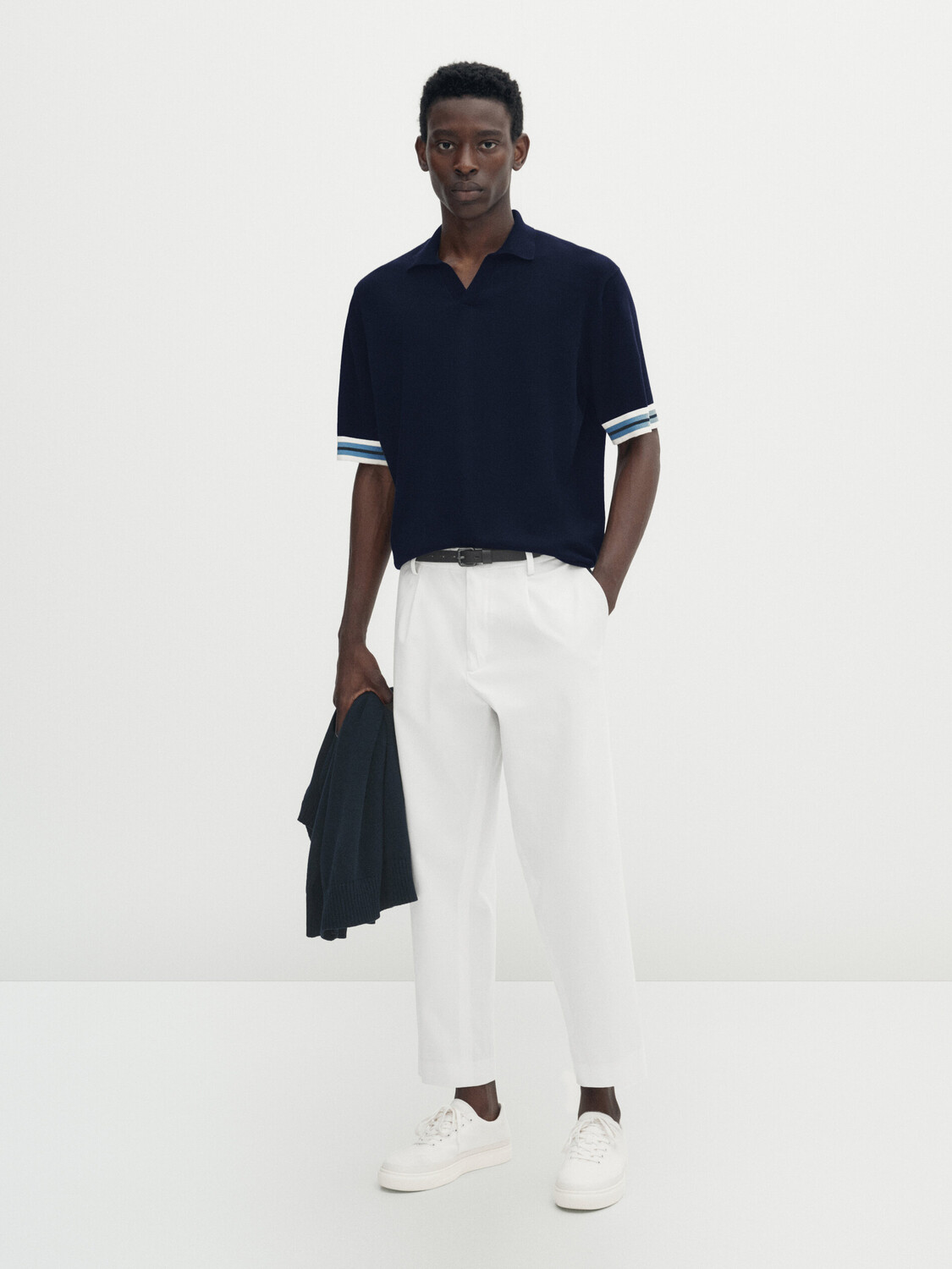 

Контрастный свитер поло с короткими рукавами Massimo Dutti, темно-синий