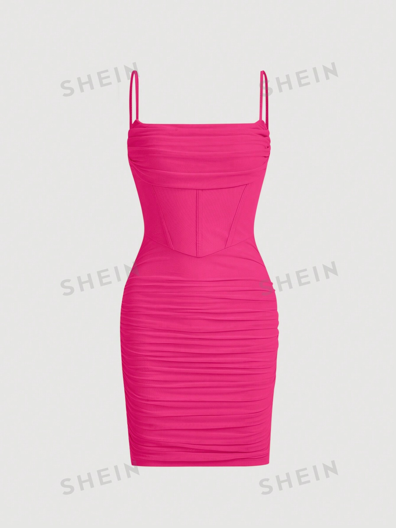 SHEIN MOD Платье на тонких бретельках из сетчатой ​​ткани с рюшами и цветочным принтом, ярко-розовый