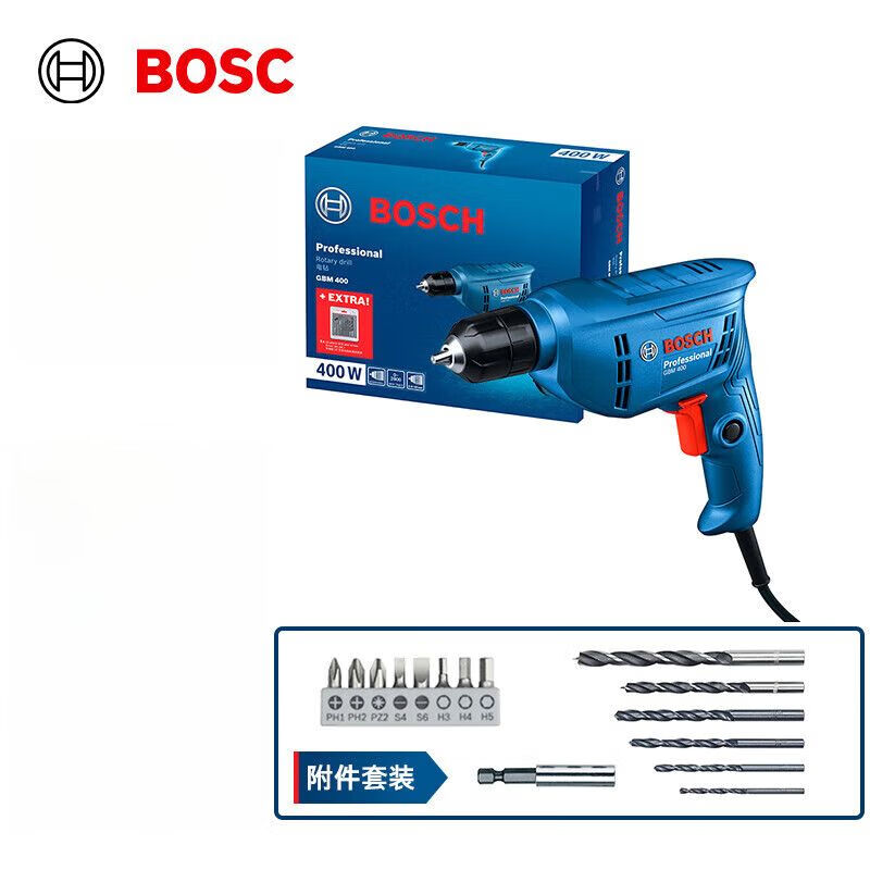 Дрель ручная Bosch GBM 400, 400W + сверла, биты