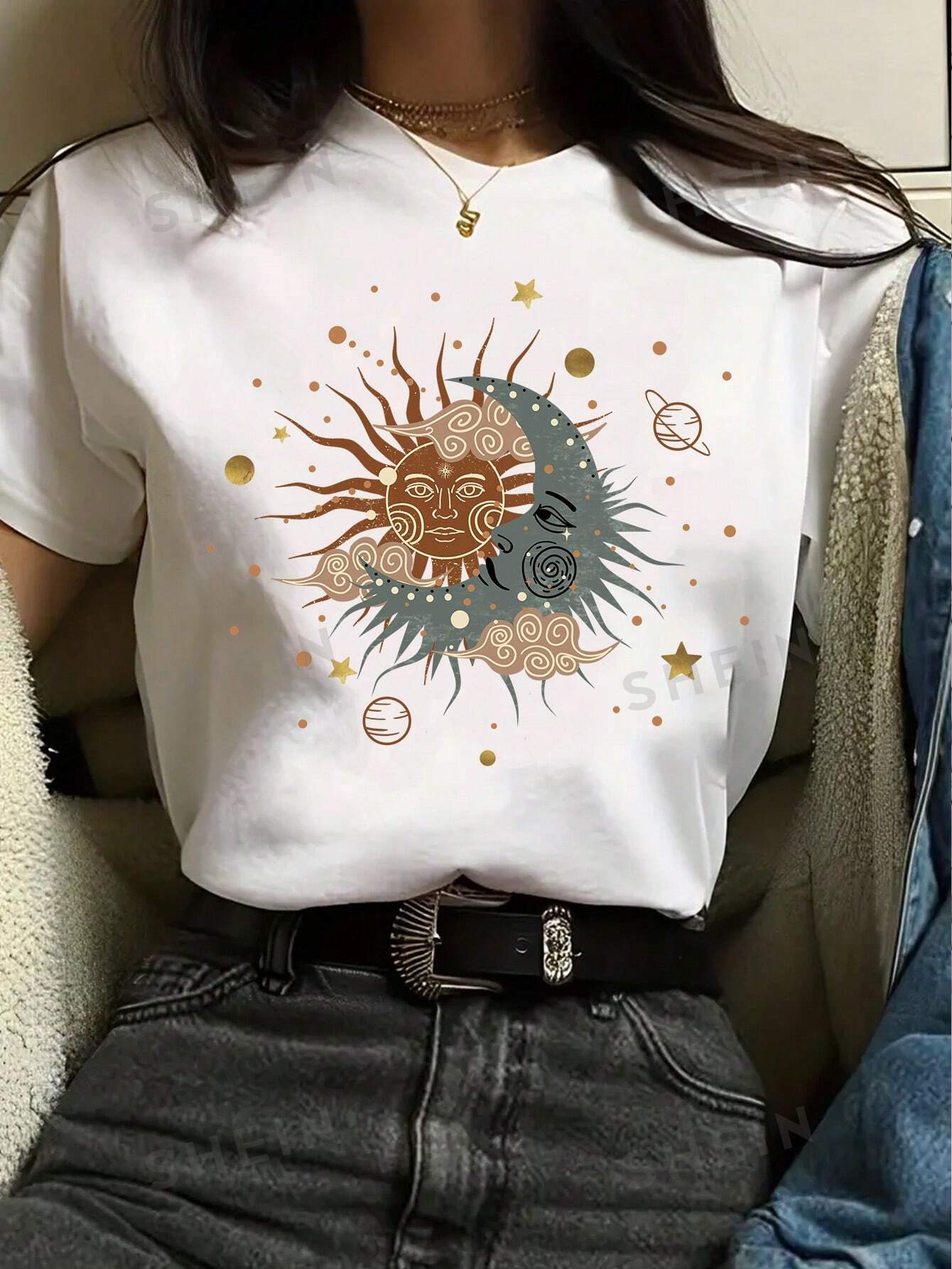 SHEIN Essnce Женская футболка с круглым вырезом и короткими рукавами с принтом Солнца и Луны, белый
