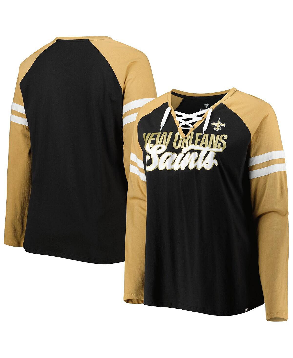 Женская фирменная черная, золотистая футболка New Orleans Saints размера плюс со шнуровкой и v-образным вырезом реглан с длинными рукавами Fanatics