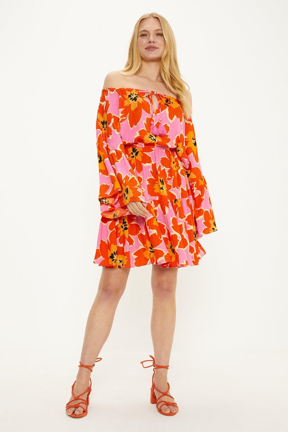 Яркое платье-бардо с цветочным принтом Oasis, мультиколор