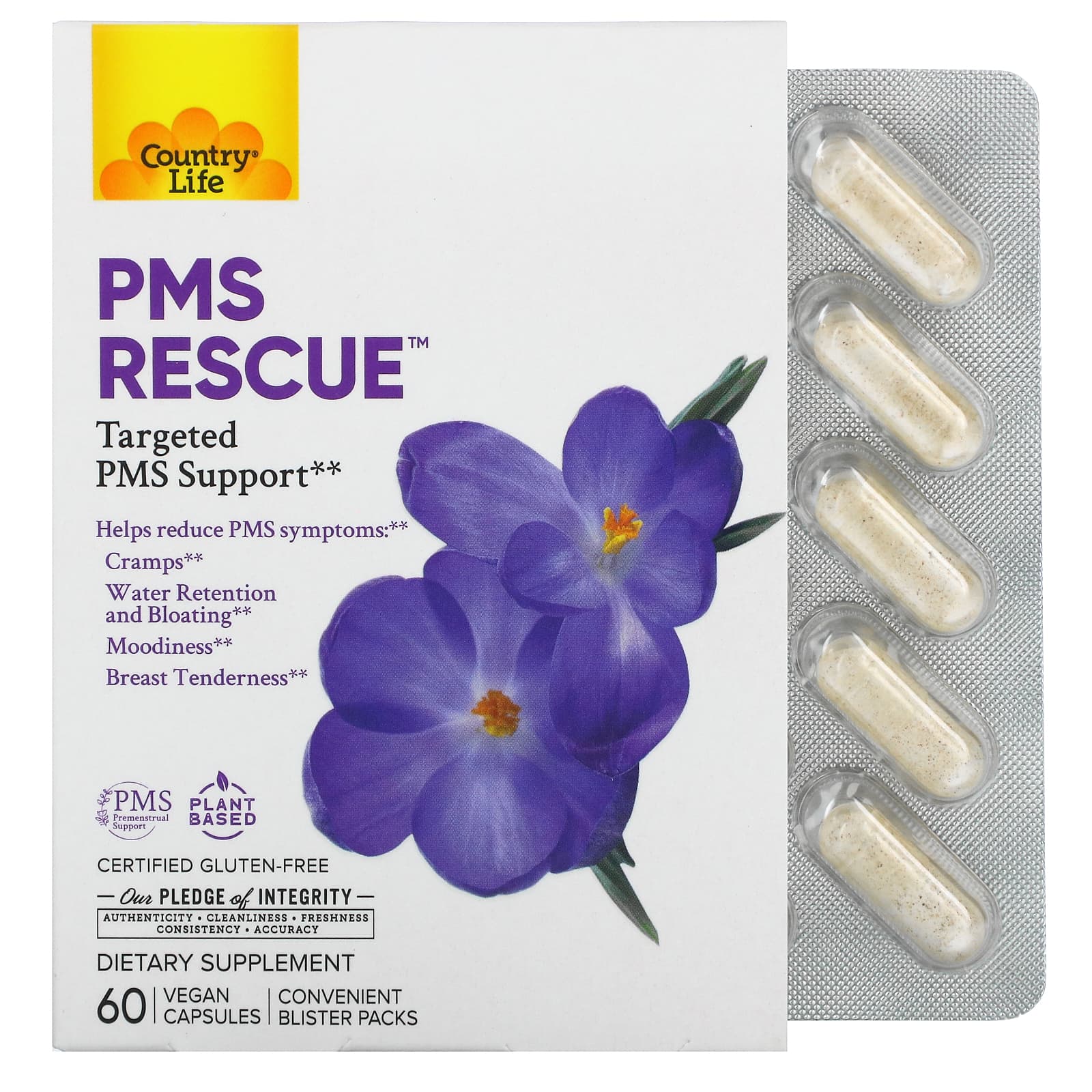 

PMS Rescue, Таргетированная поддержка при ПМС, 60 веганских капсул, Country Life