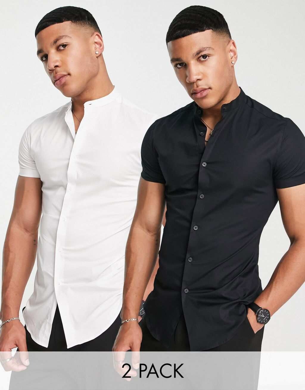

Белая/черная пара зауженных рубашек с дедушкиным воротником ASOS DESIGN (2 шт.)