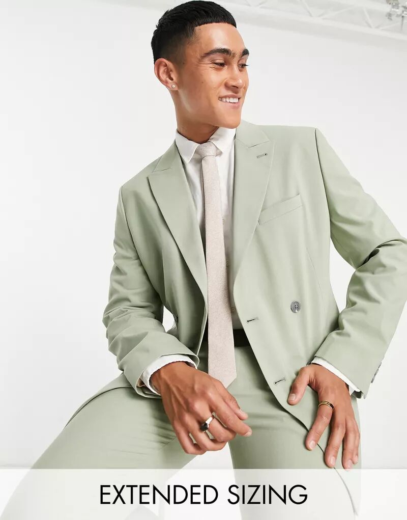 Узкий двубортный пиджак серо-зеленого цвета ASOS