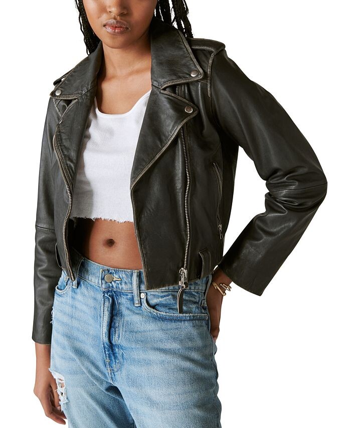 

Женская укороченная кожаная байкерская куртка с потертостями Lucky Brand, черный