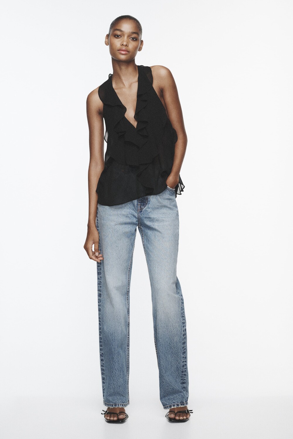 

Полупрозрачный топ с оборками Zara, черный