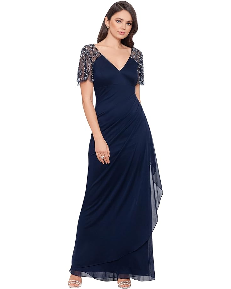 Платье XSCAPE Long Sheer Matte Jersey Beaded Flutter Sleeve, темно-синий