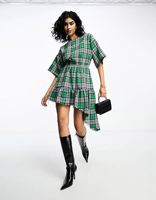 

Зеленое свободное платье мини в клетку из букле ASOS DESIGN