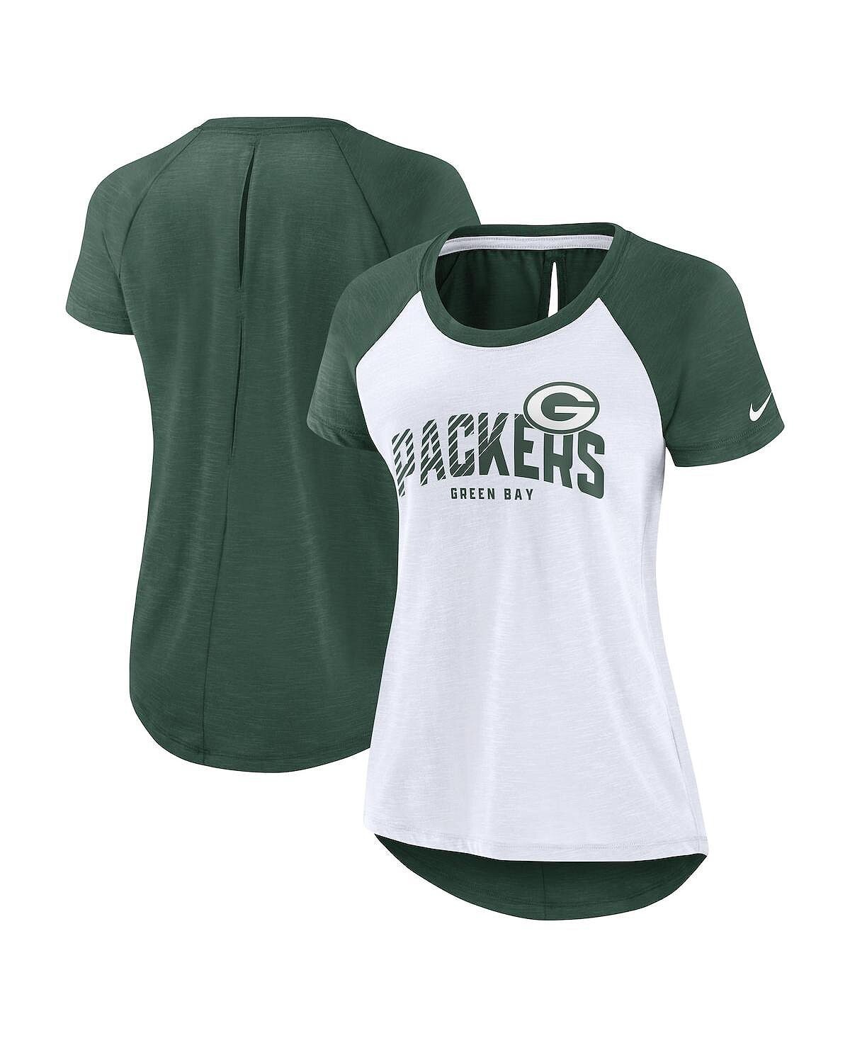 

Женская белая, Хизер-зеленая футболка Green Bay Packers с вырезом на спине реглан Nike