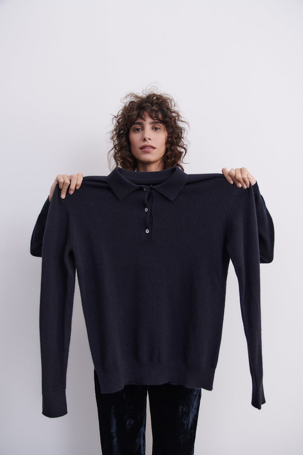 

Кашемировая рубашка-поло оверсайз ZARA, темно-синий