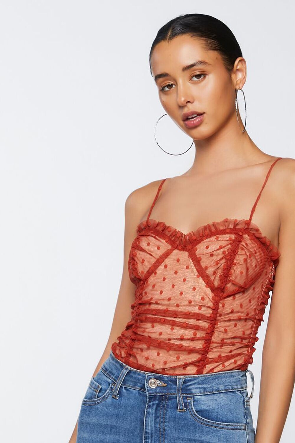 

Сетчатое боди в горошек с рюшами Forever 21, ржавый