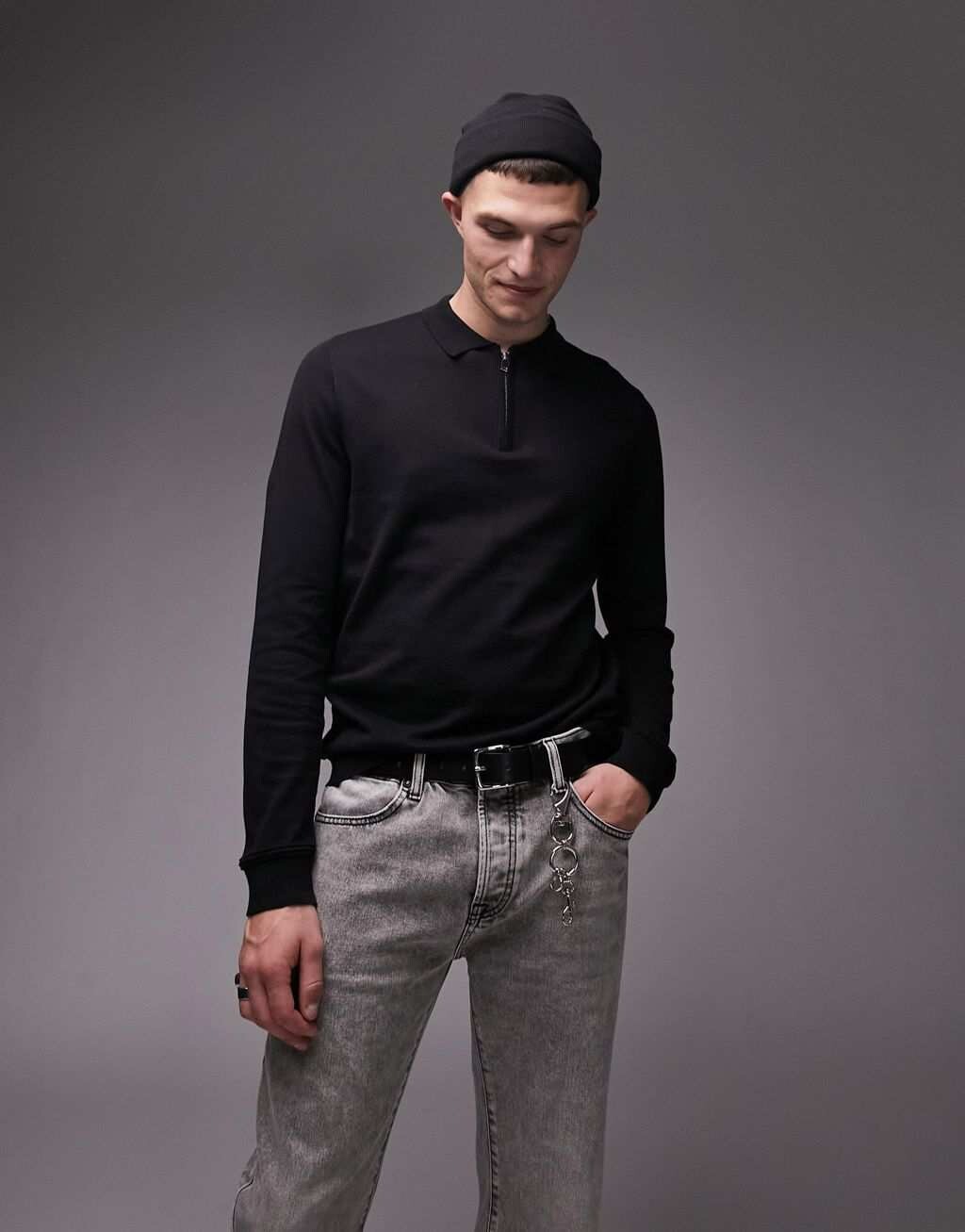 

Черная трикотажная рубашка-поло на молнии Topman Essential
