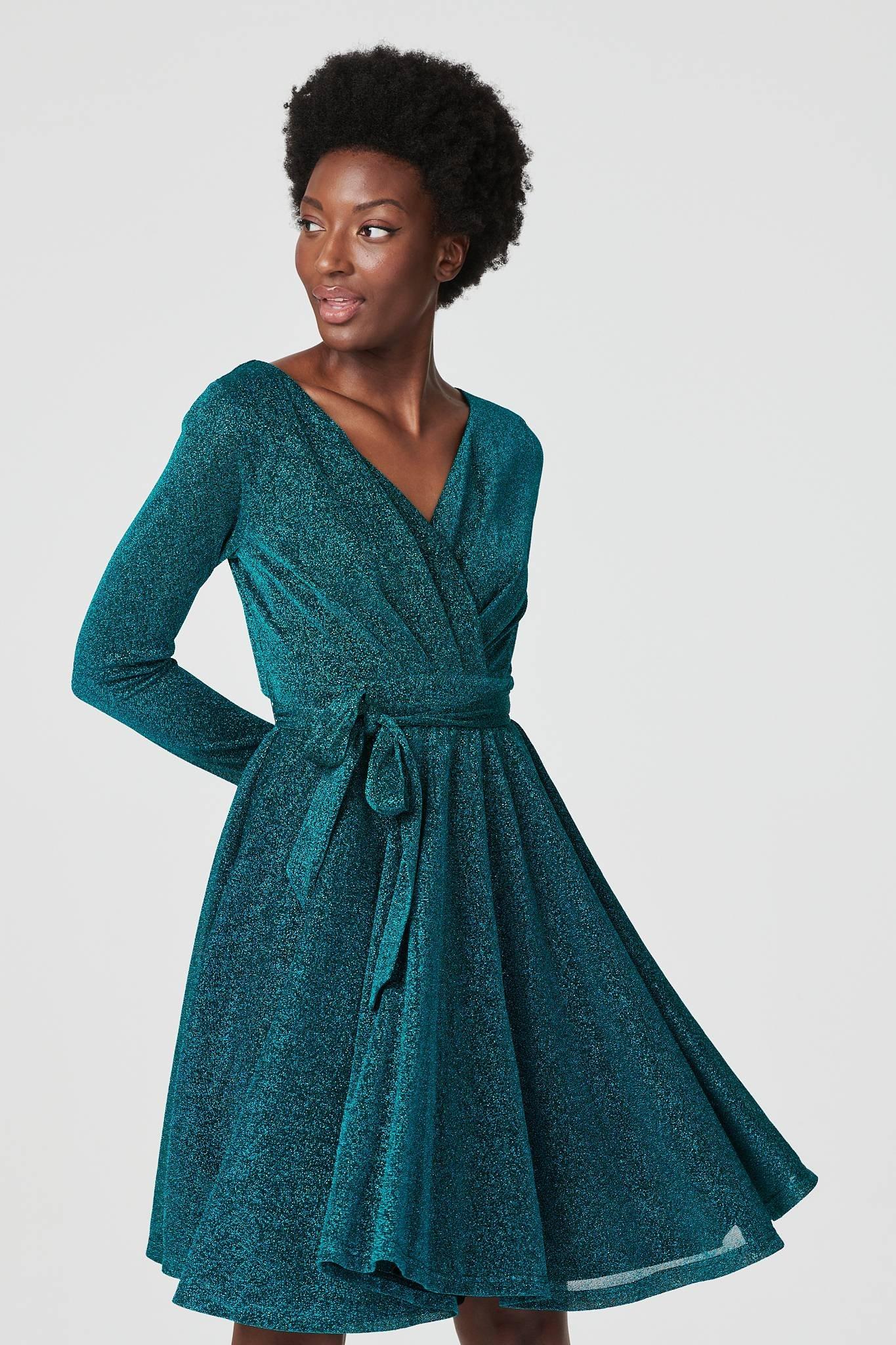 женское вечернее платье с v образным вырезом и юбкой годе Расклешенное платье с люрексом и запахом спереди Izabel London, зеленый