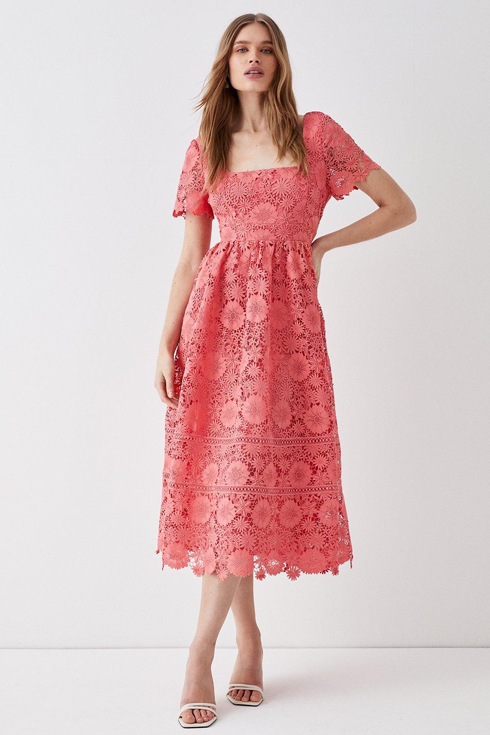 Кружевное платье с квадратным вырезом и коротким рукавом Coast, розовый