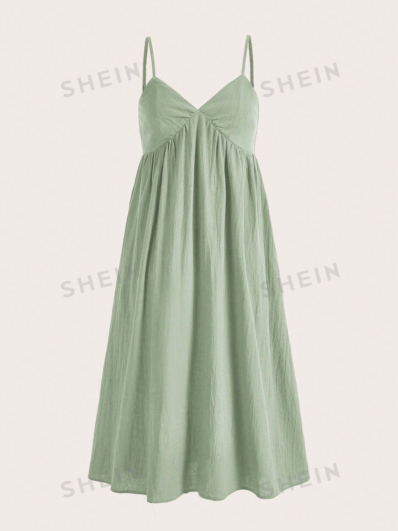 SHEIN EZwear Мятно-зеленое тканое платье макси на тонких бретелях в праздничном стиле, мятно-зеленый цена и фото