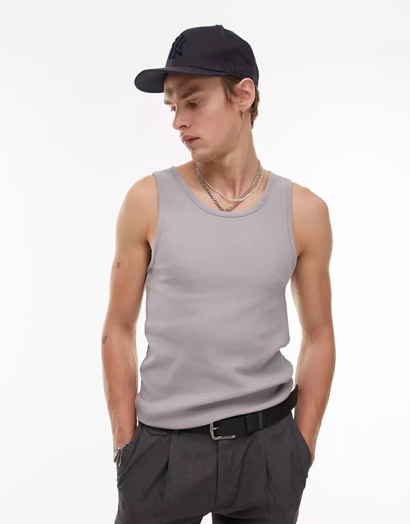 

Серая футболка без рукавов в рубчик Topman