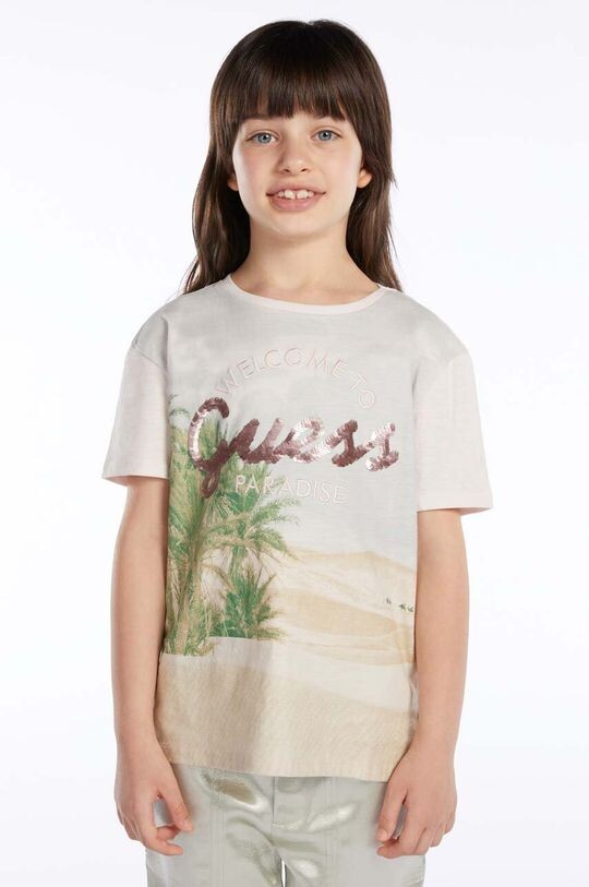 

Детская хлопковая футболка Guess, бежевый
