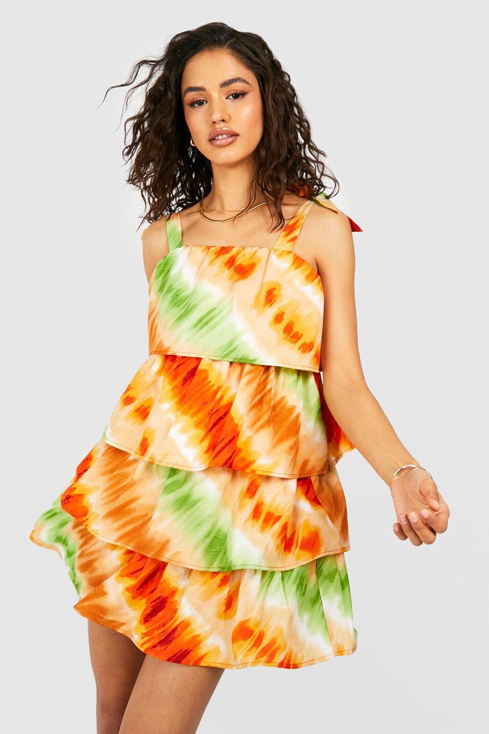 

Ярусное мини-платье tie dye с ремешками Boohoo, разноцветный