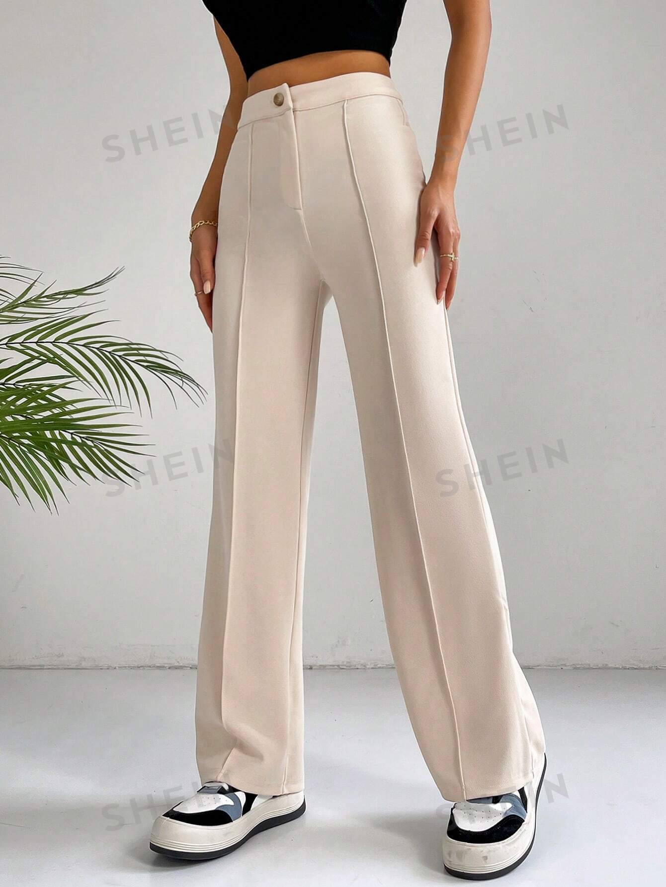 цена SHEIN EZwear Однотонные широкие брюки для повседневной, абрикос