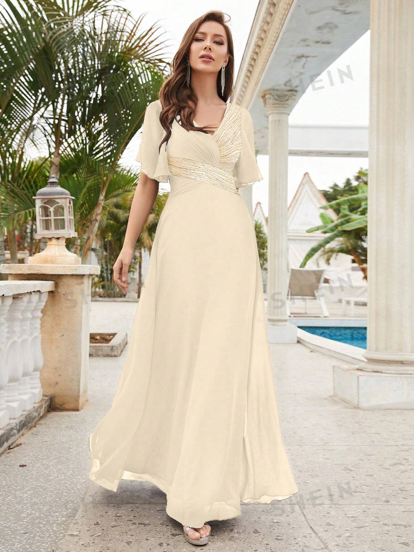 Шифоновое платье для матери невесты с V-образным вырезом и блестками, абрикос